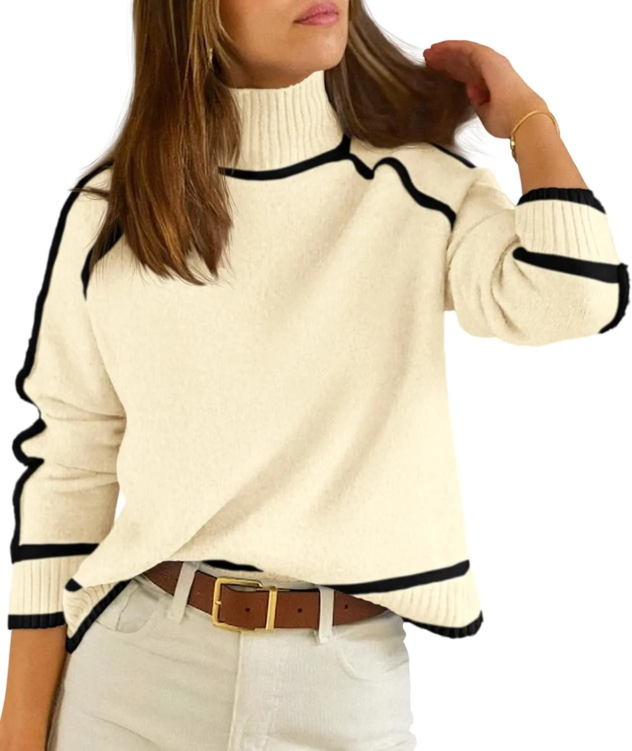 NALANISA Women's Turtleneck Sweaters Casual Long Sleeve Color Block Knit Lightweight Pullover Sweater Tops 2024 Fall Clothes