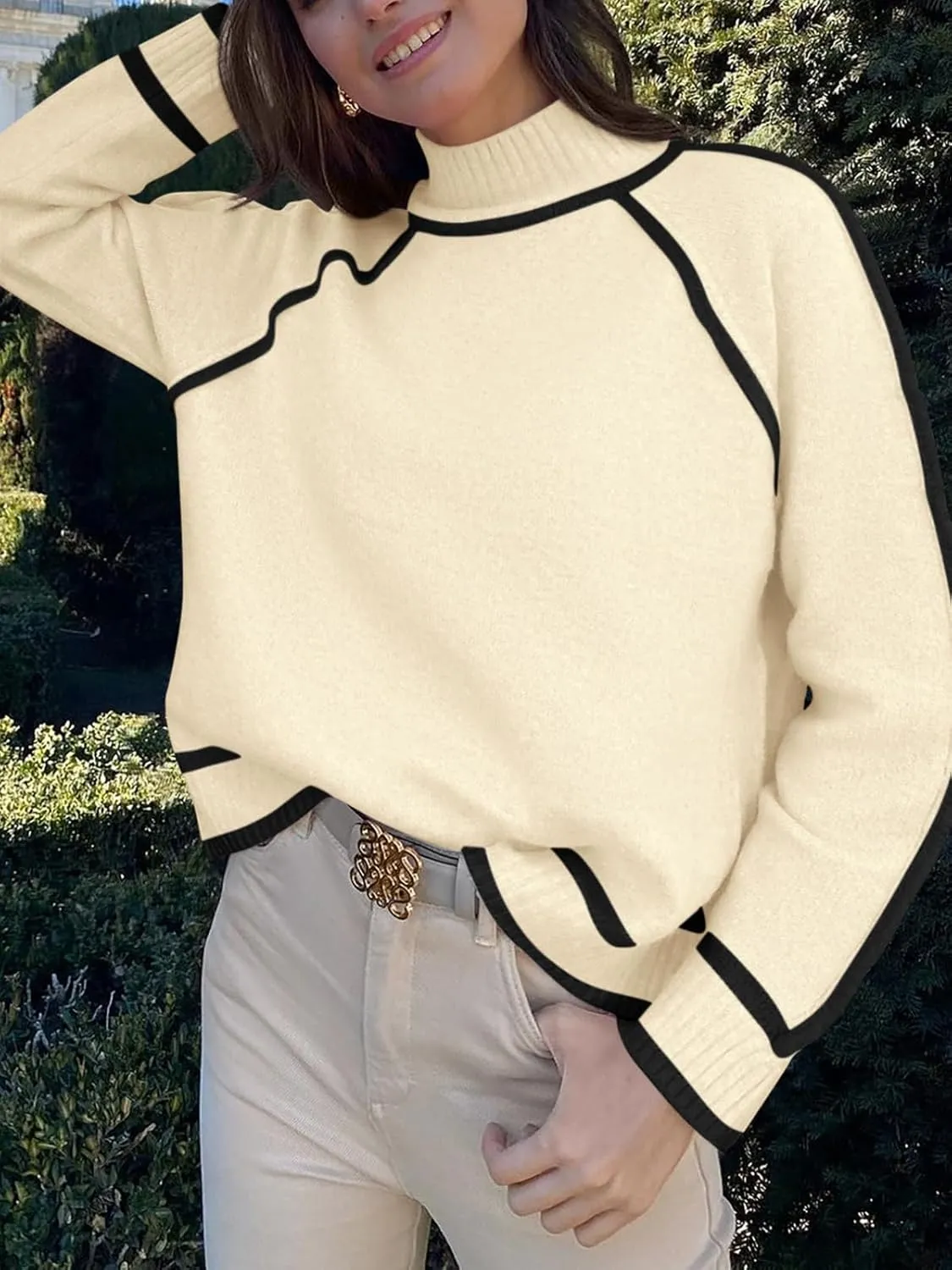 NALANISA Women's Turtleneck Sweaters Casual Long Sleeve Color Block Knit Lightweight Pullover Sweater Tops 2024 Fall Clothes