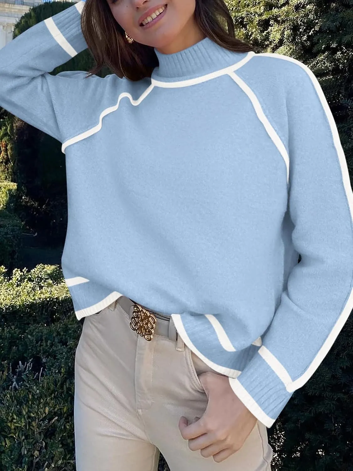 NALANISA Women's Turtleneck Sweaters Casual Long Sleeve Color Block Knit Lightweight Pullover Sweater Tops 2024 Fall Clothes
