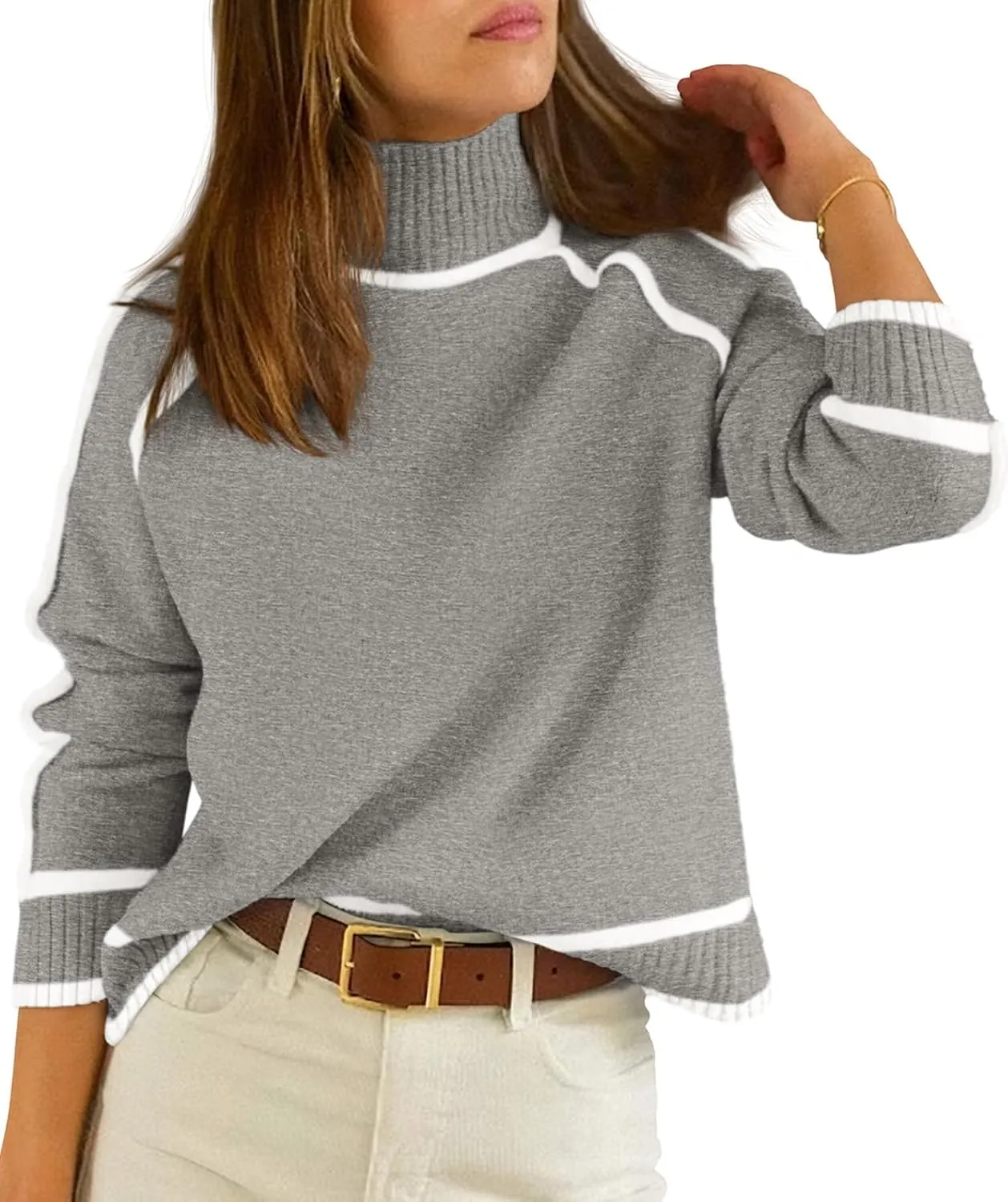 NALANISA Women's Turtleneck Sweaters Casual Long Sleeve Color Block Knit Lightweight Pullover Sweater Tops 2024 Fall Clothes