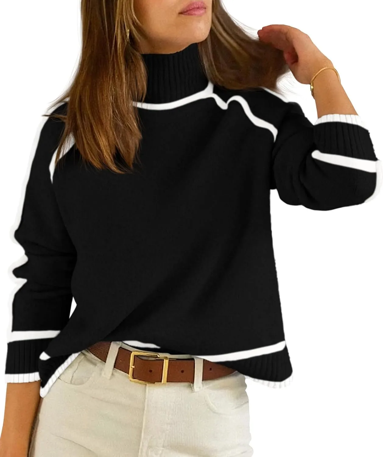 NALANISA Women's Turtleneck Sweaters Casual Long Sleeve Color Block Knit Lightweight Pullover Sweater Tops 2024 Fall Clothes