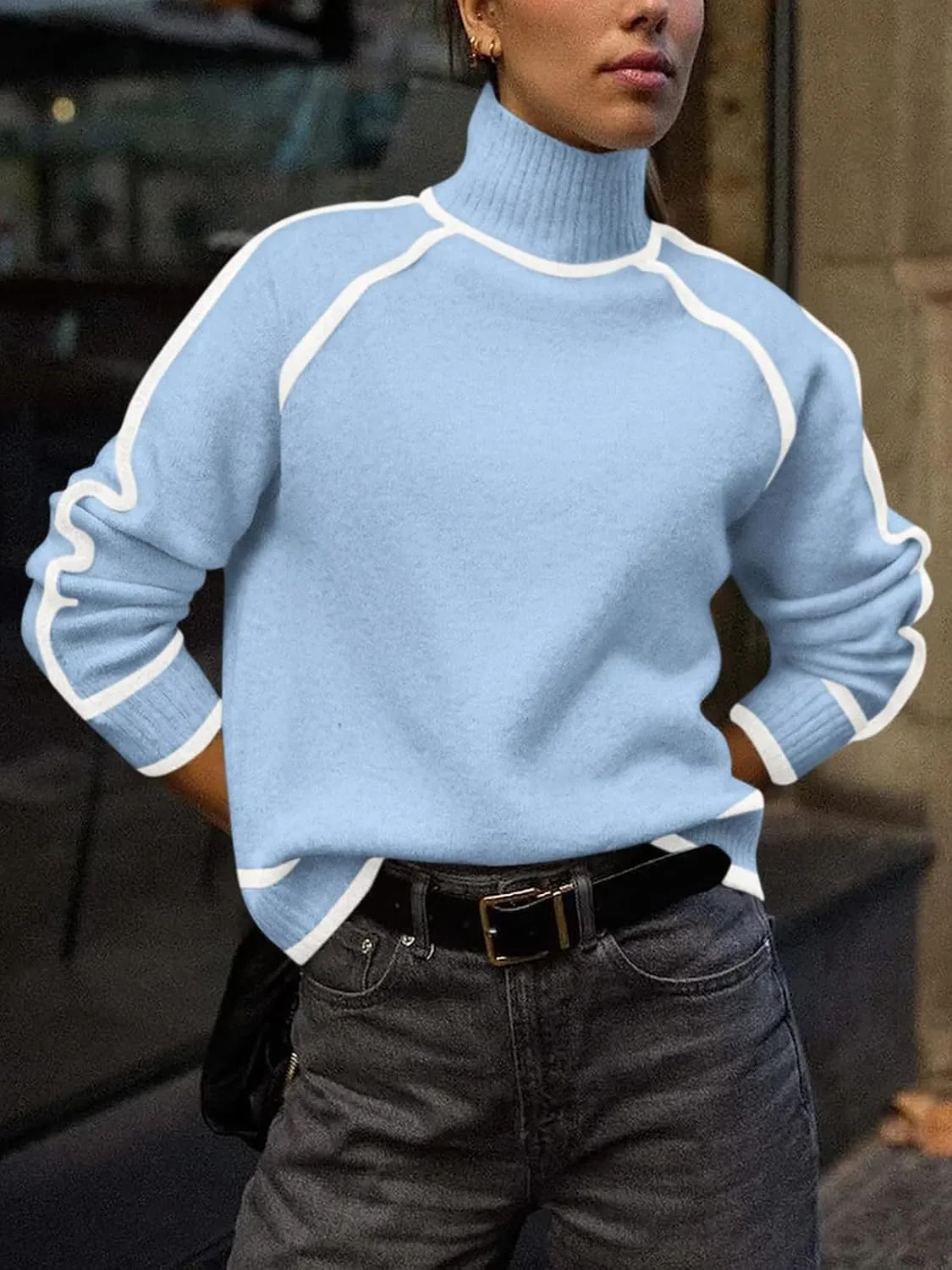 NALANISA Women's Turtleneck Sweaters Casual Long Sleeve Color Block Knit Lightweight Pullover Sweater Tops 2024 Fall Clothes