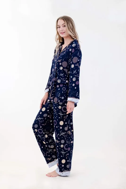 Navy Polygonal Long Pajama Set - 2 Piece