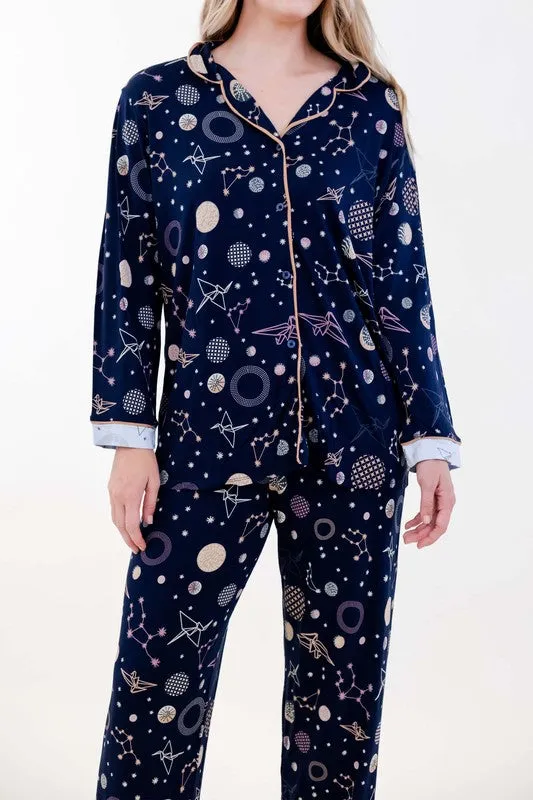 Navy Polygonal Long Pajama Set - 2 Piece