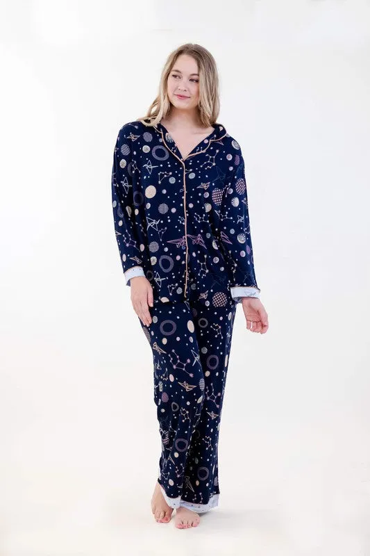 Navy Polygonal Long Pajama Set - 2 Piece