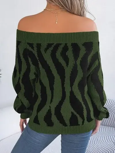 Off-Shoulder Animal Print Long Sleeve Sweater