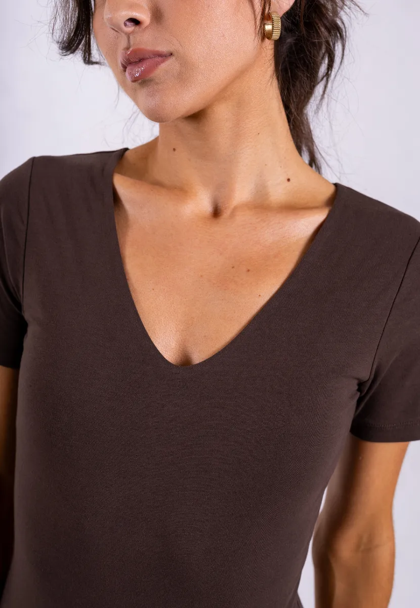 Organic Cotton V-Neck Bodysuit, Hot Fudge