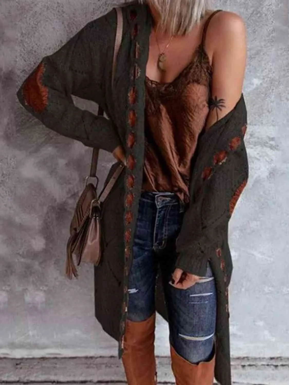 Paisley Openwork Long Sleeve Open Front Hooded Cardigan
