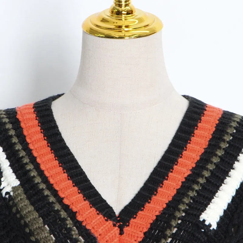 Patchwork Tassel Sweater Women Hit Color High Street Loose Knitted Pullovers