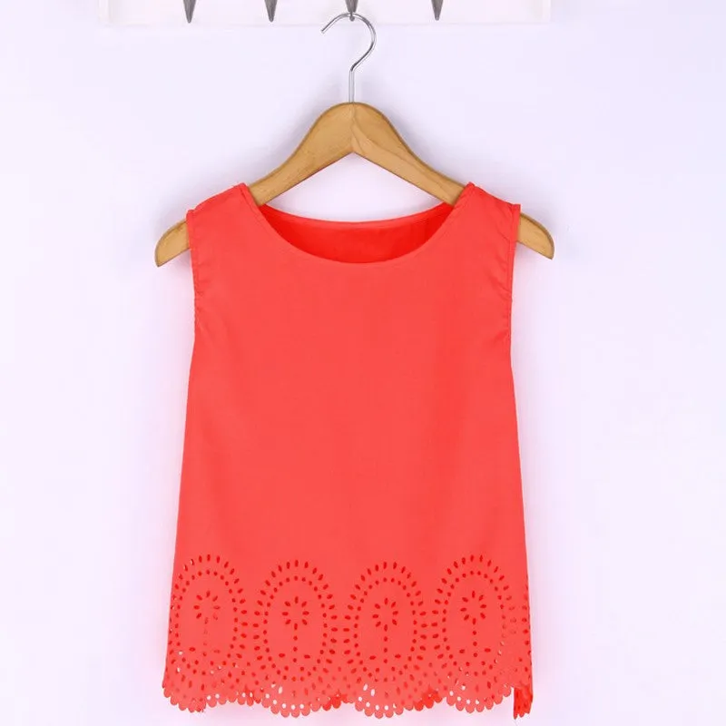 Plus Size 6 Colors Summer Women Cropped Top Chiffon Blouses Tank Sleeveless Hollow Out Shirt Casual Blusas Feminina S-4XL