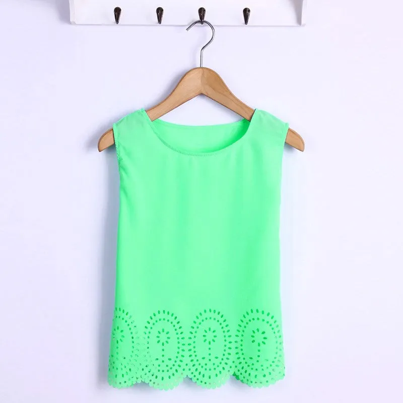 Plus Size 6 Colors Summer Women Cropped Top Chiffon Blouses Tank Sleeveless Hollow Out Shirt Casual Blusas Feminina S-4XL