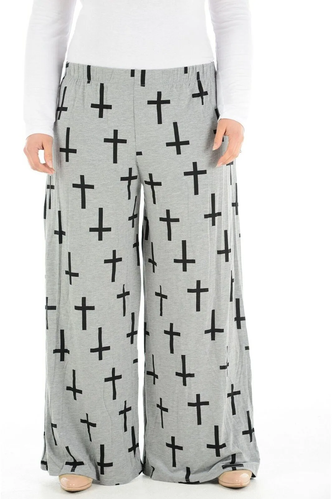 Plus Size Grey Cross Print Palazzo Trouser