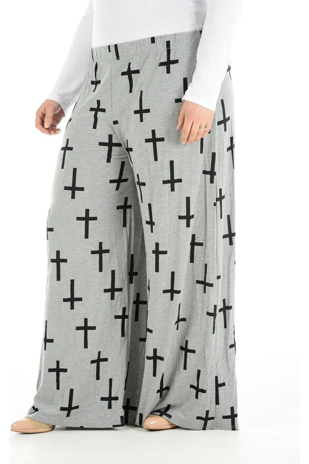 Plus Size Grey Cross Print Palazzo Trouser