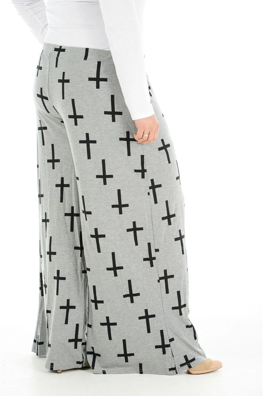 Plus Size Grey Cross Print Palazzo Trouser