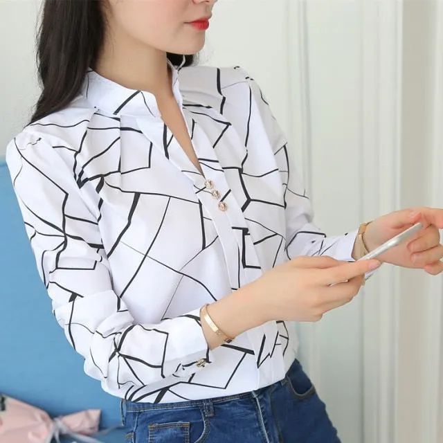 Plus Size Women White Tops and Blouses Fashion Stripe Print Casual Long Sleeve Office Lady Work Shirts Female Slim Blusas