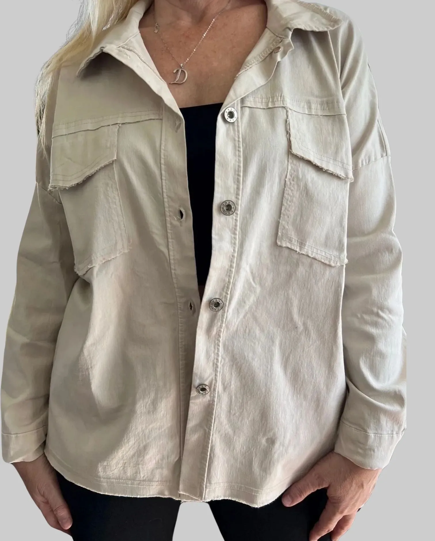 Rock & Roll Beige Long Sleeved Jacket ~ Slightly Oversized, Stretch Cuffed / Rolled with Collar & Button Front ~ ITOO