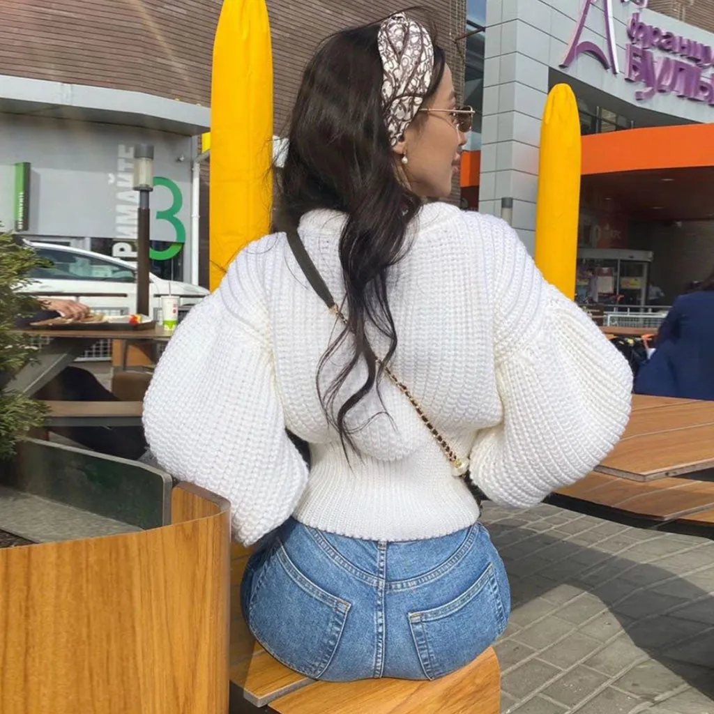 Round Neck Bishop Sleeve Crop Pullover Sweater - White