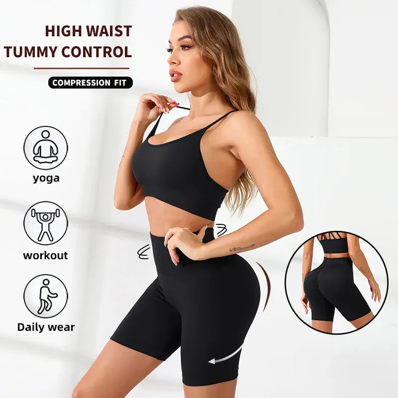 Seamless Yoga Set Women - Gym Sportswear 2 Piece, Strappy Sports Bra Scrunch Booty Short Sets, Summer Running Workout Clothes
