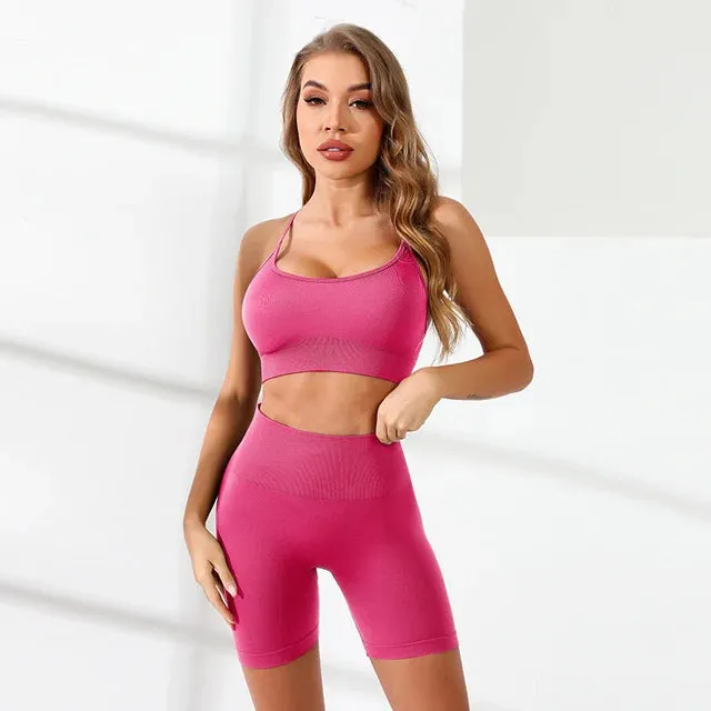 Seamless Yoga Set Women - Gym Sportswear 2 Piece, Strappy Sports Bra Scrunch Booty Short Sets, Summer Running Workout Clothes