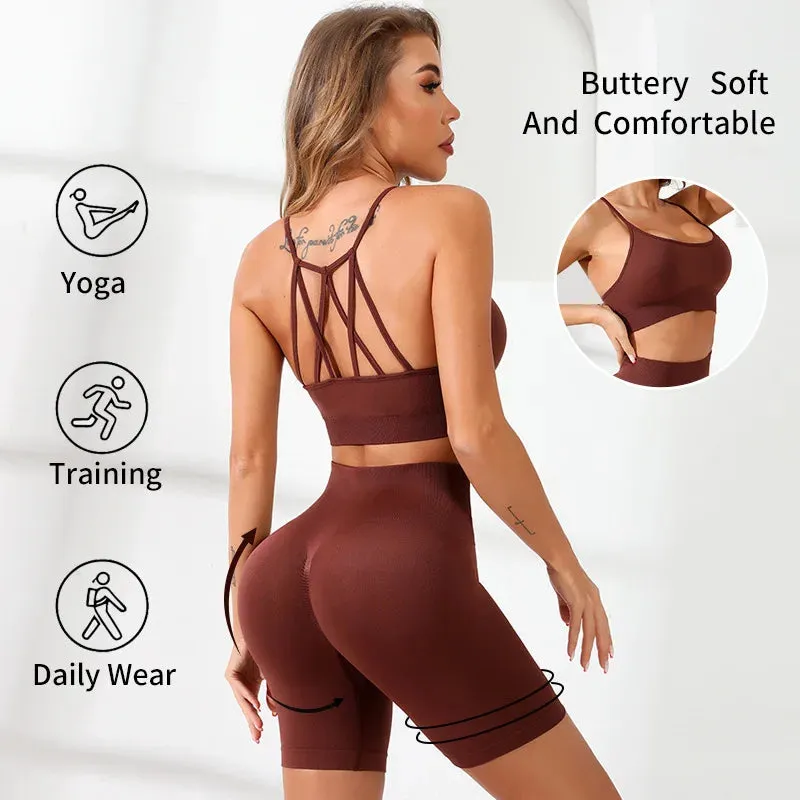 Seamless Yoga Set Women - Gym Sportswear 2 Piece, Strappy Sports Bra Scrunch Booty Short Sets, Summer Running Workout Clothes