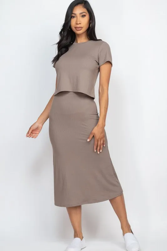 Short Sleeve Ribbed Top & Midi Skirt Set – Soft, Stretchy, and Effortlessly Chic