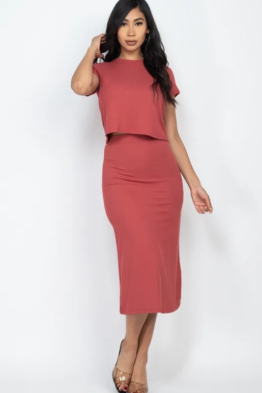 Short Sleeve Ribbed Top & Midi Skirt Set – Soft, Stretchy, and Effortlessly Chic
