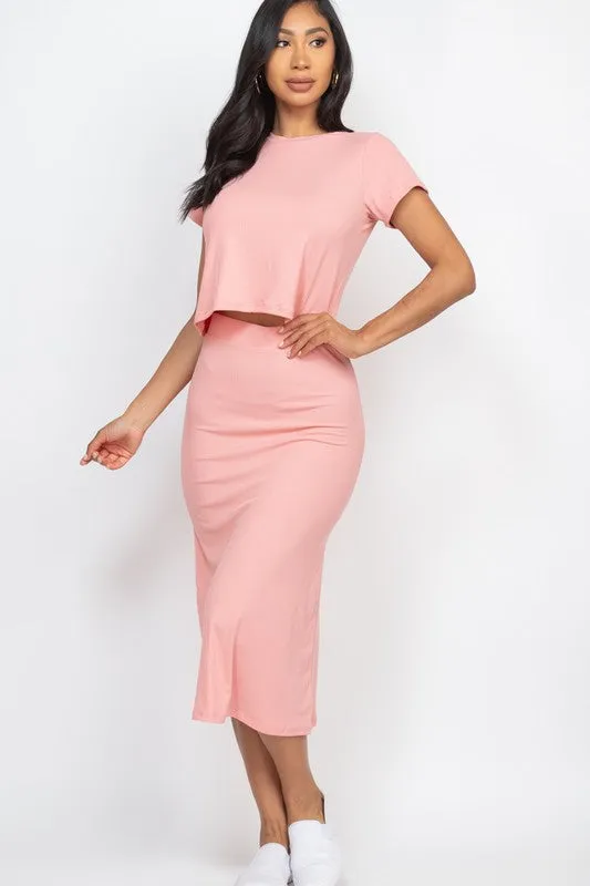 Short Sleeve Ribbed Top & Midi Skirt Set – Soft, Stretchy, and Effortlessly Chic