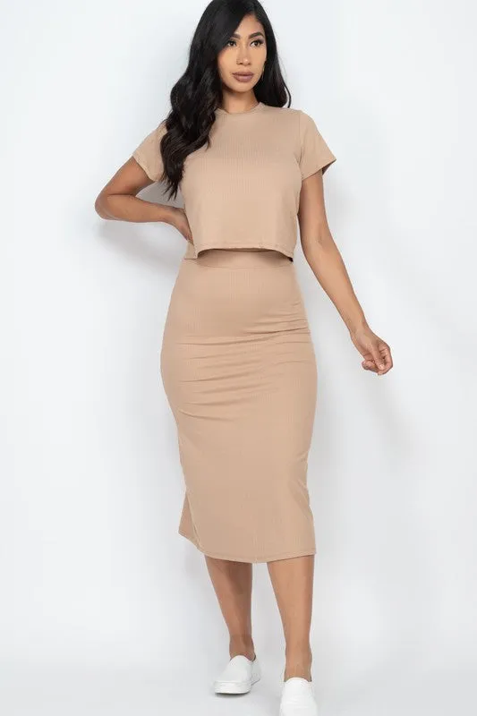 Short Sleeve Ribbed Top & Midi Skirt Set – Soft, Stretchy, and Effortlessly Chic