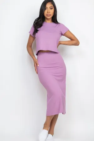 Short Sleeve Ribbed Top & Midi Skirt Set – Soft, Stretchy, and Effortlessly Chic