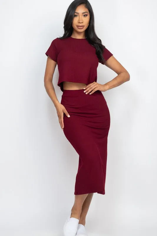 Short Sleeve Ribbed Top & Midi Skirt Set – Soft, Stretchy, and Effortlessly Chic
