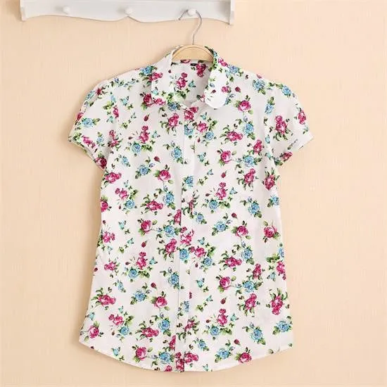 Short Sleeve Shirts Women Blouses Floral Print Cotton Tops Ladies Short Plus Size Women Clothes Fashion Shirt