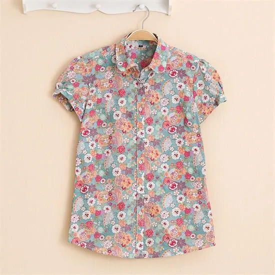 Short Sleeve Shirts Women Blouses Floral Print Cotton Tops Ladies Short Plus Size Women Clothes Fashion Shirt