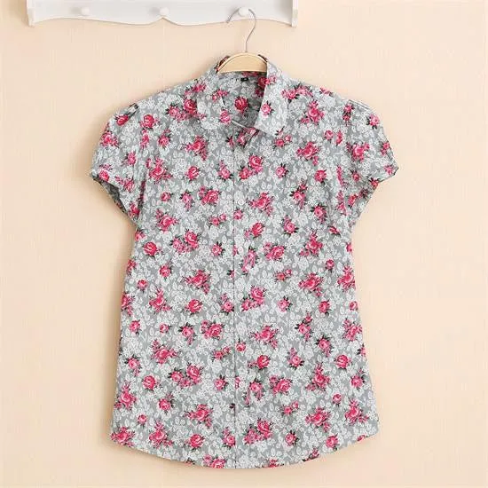 Short Sleeve Shirts Women Blouses Floral Print Cotton Tops Ladies Short Plus Size Women Clothes Fashion Shirt