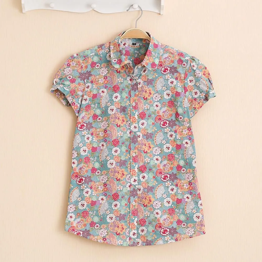 Short Sleeve Shirts Women Blouses Floral Print Cotton Tops Ladies Short Plus Size Women Clothes Fashion Shirt