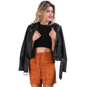 Simplee PU leather jacket coat Classic basic black short jackets women outwear adjustable waist motorcycle jacket