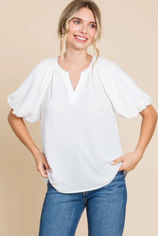 Solid Short Balloon Sleeves Top - Final Sale