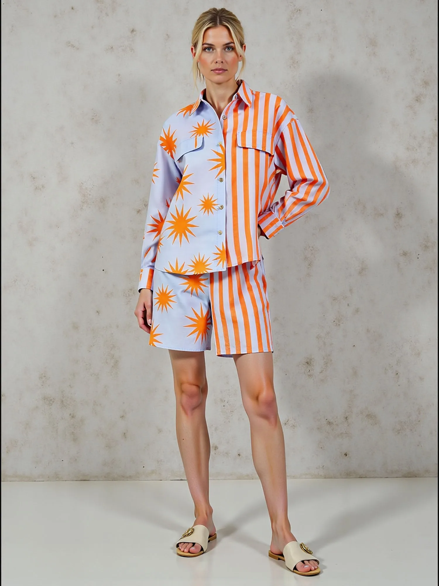 Star Stripe Mixed Print Button Down Shirt
