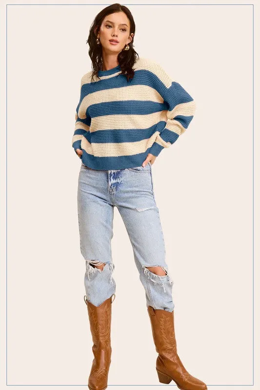 Striped Loose Fit Knit Sweater – Round Neck Pullover for Everyday Style