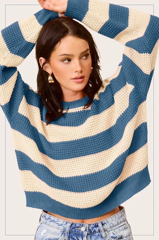 Striped Loose Fit Knit Sweater – Round Neck Pullover for Everyday Style
