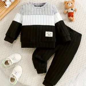 Toddler Boys 2-Piece Outfit, Spring/Autumn Knit Long Sleeve Top with Ribbed Pants, Casual Round Neck, Stretch Polyester, Color Block Design, Elastic Waistband, Baby Clothing Set.