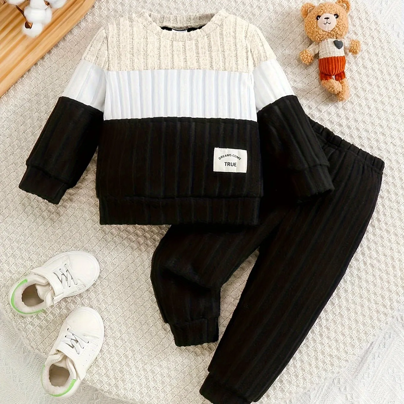 Toddler Boys 2-Piece Outfit, Spring/Autumn Knit Long Sleeve Top with Ribbed Pants, Casual Round Neck, Stretch Polyester, Color Block Design, Elastic Waistband, Baby Clothing Set.