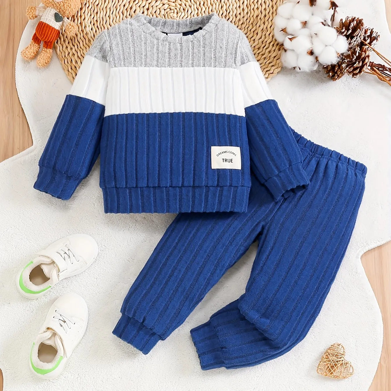 Toddler Boys 2-Piece Outfit, Spring/Autumn Knit Long Sleeve Top with Ribbed Pants, Casual Round Neck, Stretch Polyester, Color Block Design, Elastic Waistband, Baby Clothing Set.