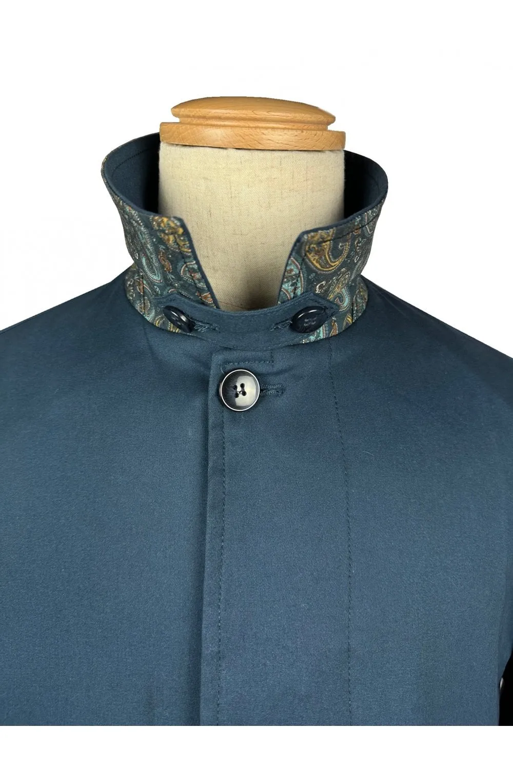 Trojan Paisley Trim Peached Cotton Mac In French Navy
