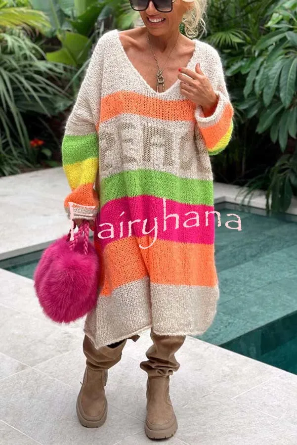 True Faith Knit Peace Pattern Color Blocks Loose Midi Sweater Dress