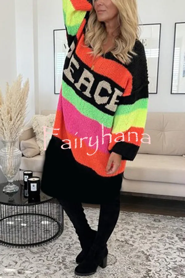 True Faith Knit Peace Pattern Color Blocks Loose Midi Sweater Dress