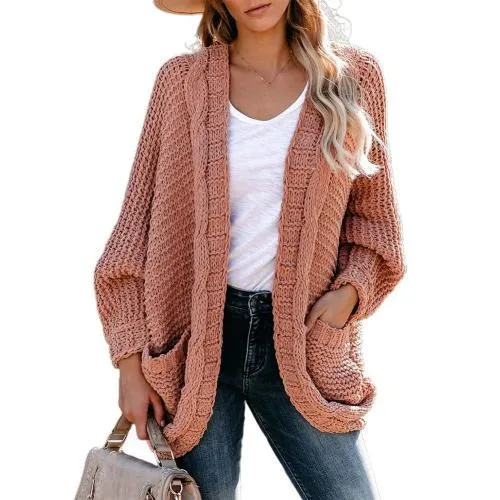 Vintage Side Pockets Batwing Sleeve Knitted Cardigan