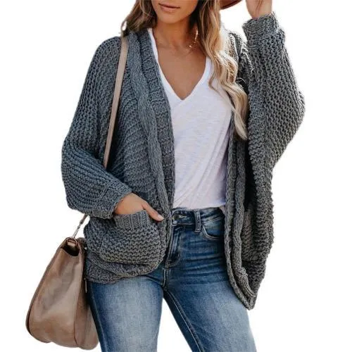 Vintage Side Pockets Batwing Sleeve Knitted Cardigan