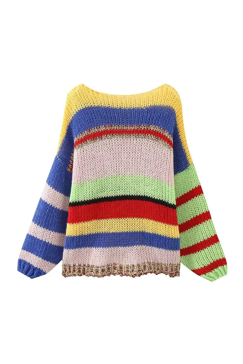 WG736 Knitted Mesh Colorful Sweater