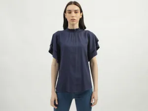 Women's Regular Fit Ruffled Neck Solid Tops