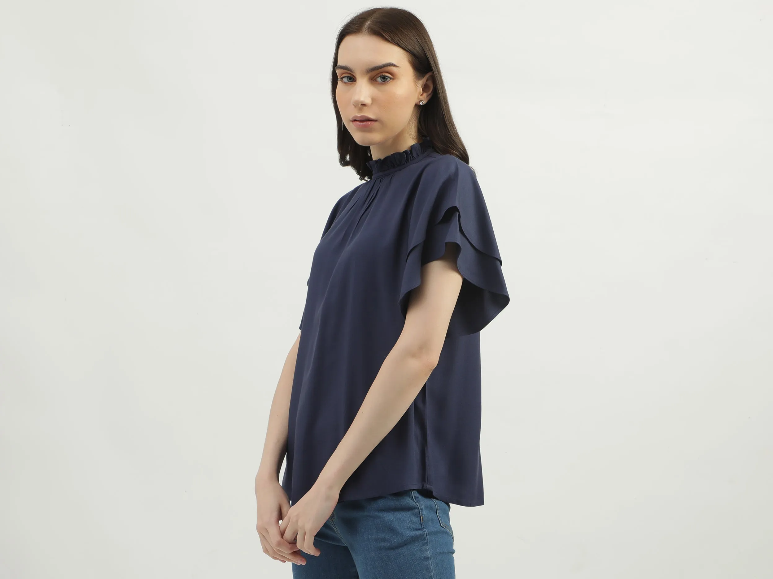 Women's Regular Fit Ruffled Neck Solid Tops